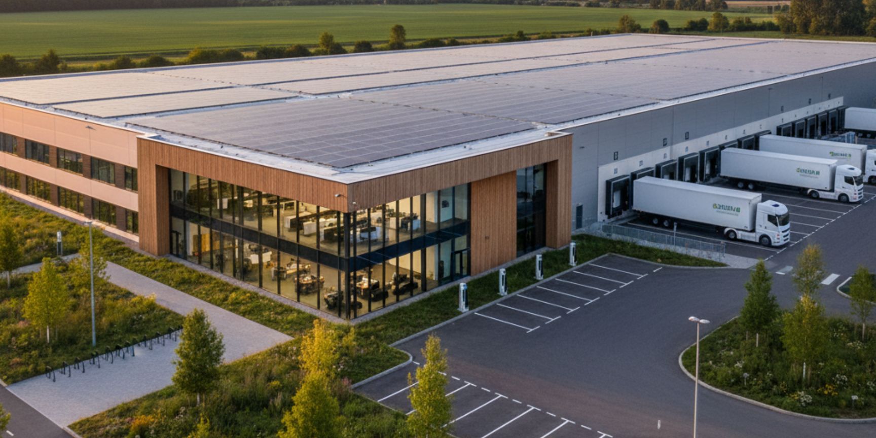 Moderne Logistikhalle mit Solarpaneelen auf dem Dach und Grünflächen im Vordergrund, symbolisiert Nachhaltigkeit und BREEAM-Zertifizierung in der Logistikimmobilienbranche.